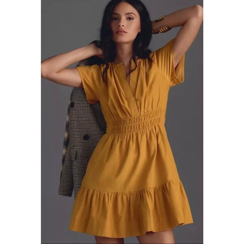 ANTHROPOLOGIE The Somerset Mini Dress Corduroy Mustard Yellow Gold XS